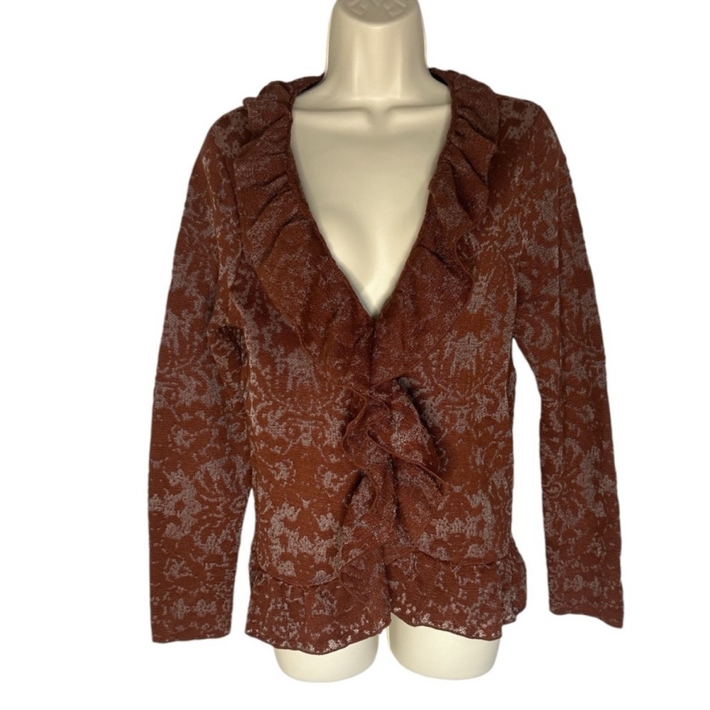 Chicos burnt orange sweater/cardigan with riffle trim size 1